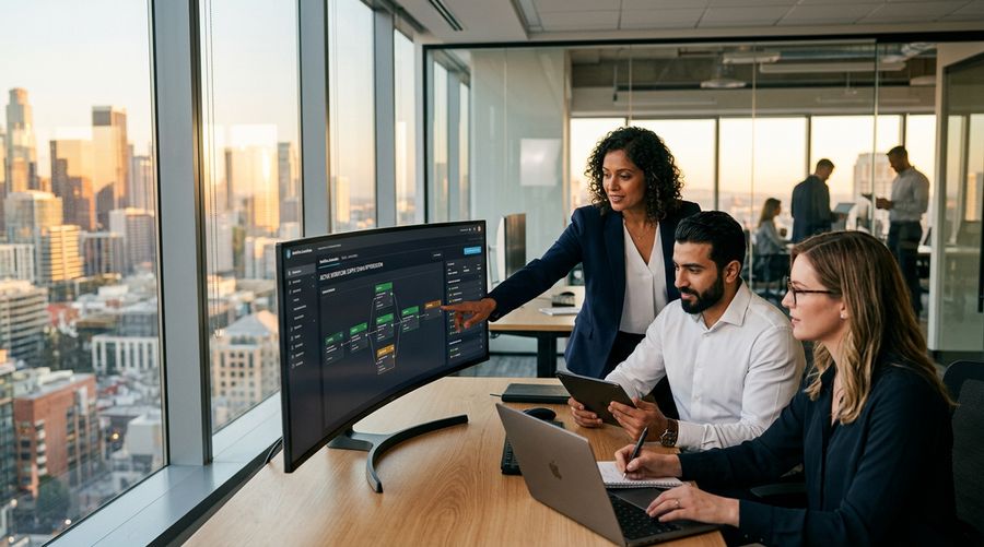 Diverse operations team collaborating with AI-powered workflow dashboard