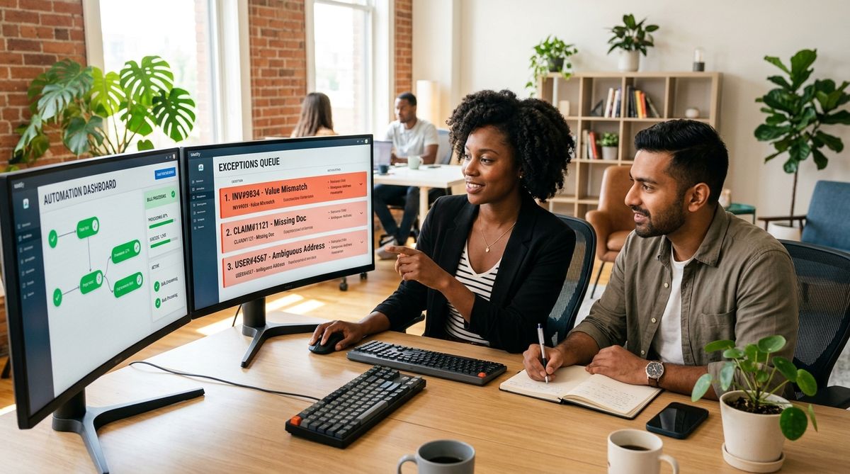 Team reviewing AI-handled workflows and human exception queue