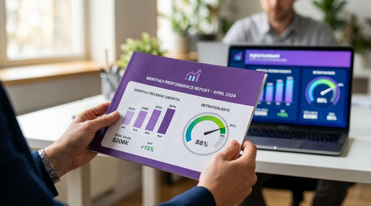 Hands holding a printed monthly value report with charts