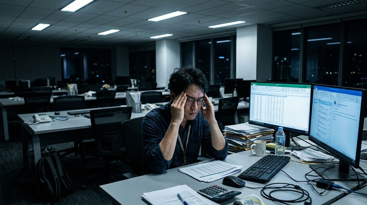 Overwhelmed operations worker at desk late at night