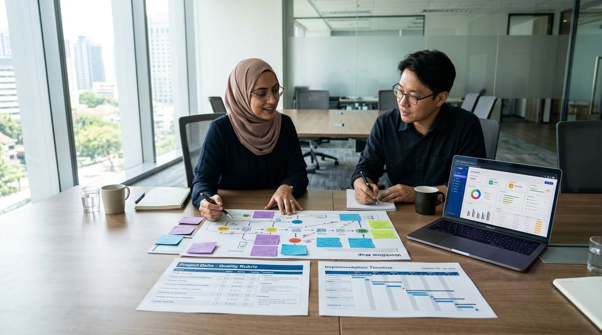 Project deliverables spread on conference table — workflow maps, rubrics, timeline