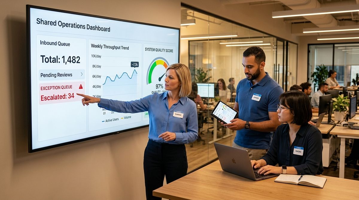 Three professionals reviewing different views of the same operations dashboard