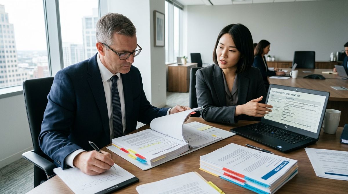 Audit review session with evidence binders and digital records