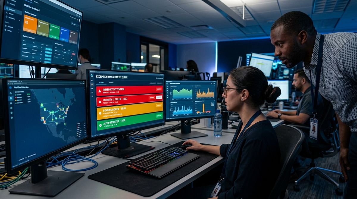 Operations team reviewing color-coded exception queue