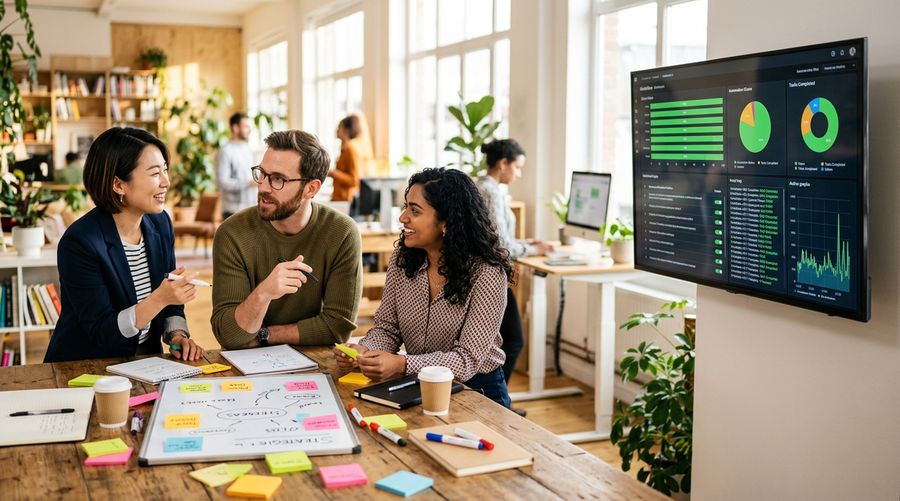 Team collaborating on strategic work while AI handles operations in the background