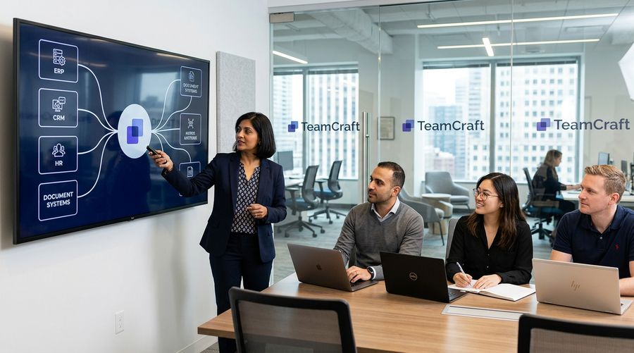 Team reviewing systems integration architecture