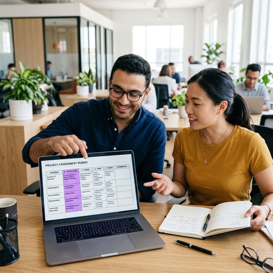 Colleagues reviewing a workflow scoring rubric together
