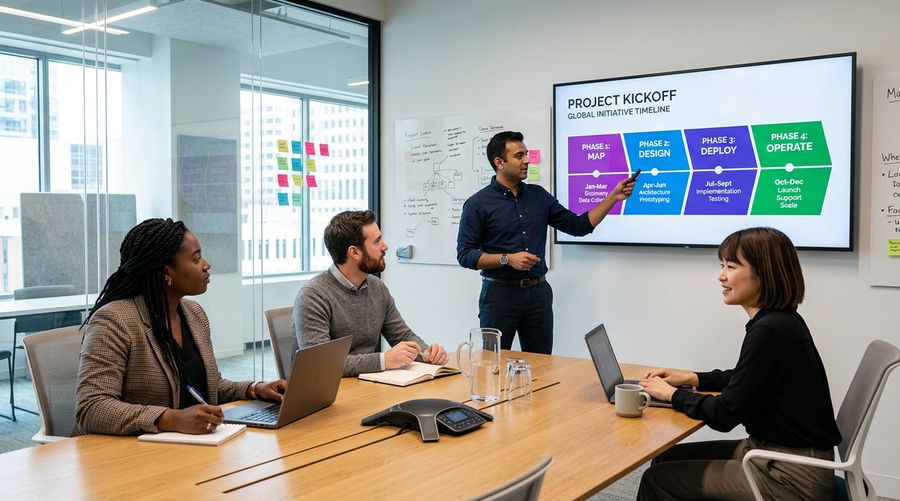 Project kickoff meeting reviewing 4-phase implementation timeline